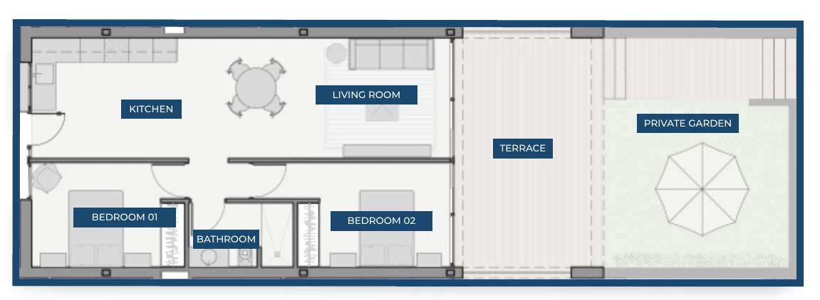 Plattegrond van het appartement met woonkeuken, twee slaapkamers, badkamer, terras en privétuin