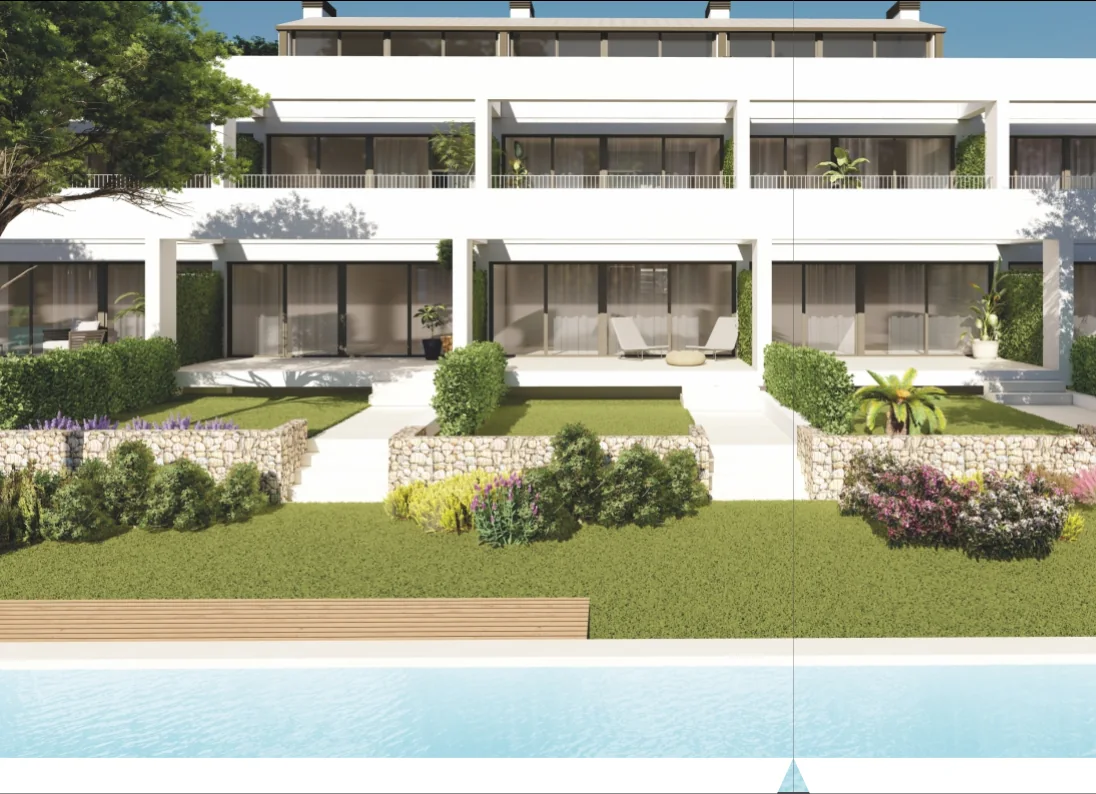 Artist impression van residentie Vistalmar in Pego met zwembad, tuinen en witte gevels
